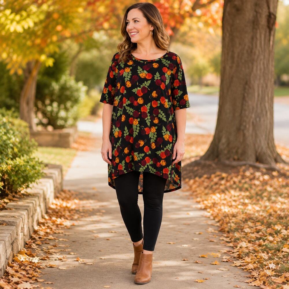 LuLaRoe Irma Tunic Top M Black Floral Marigold High Low Stretch NWT